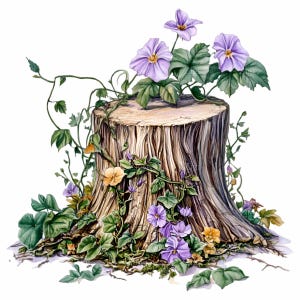 14 imágenes PNG de tocones de árboles florales: tronco rústico con enredaderas y hojas moradas: arte primaveral de naturaleza boscosa para manualidades de sublimación