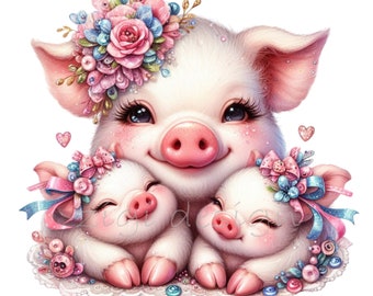 10 PNG Watercolor Pink Piglets, Mother and Baby Farm Animal Art