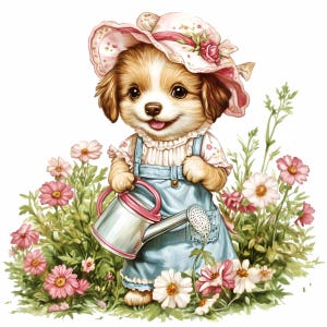 12 graziosi clipart PNG di cani giardinieri, cuccioli in tuta con annaffiatoio e fiori, animali da giardino primaverili per artigianato e sublimazione