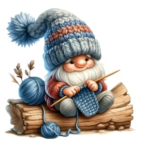 15 Clipart PNG de nain à tricoter avec une pelote de laine, des aiguilles et un chapeau – Joli nain barbu assis sur une bûche pour travaux manuels