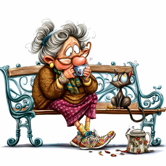 27 JPEG おもしろおばあちゃん – 漫画おばあちゃんと猫 JPG クリップ