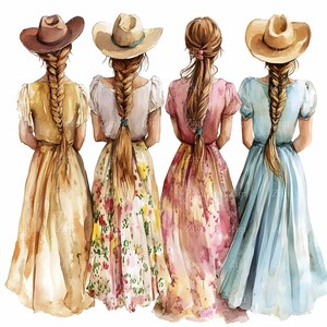 30 cliparts JPEG Western Girls JPG, femmes de la campagne dans des cheveux tressés, prairie robes téléchargement numérique, art de la ferme rustique
