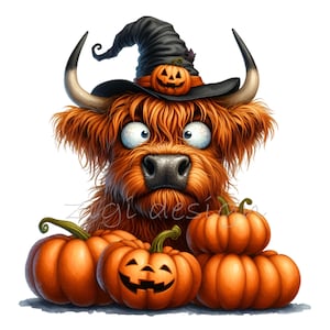 14 divertenti Highland Cow Halloween PNG – Mucca sciocca con cappello da strega e zucche – Clipart di zucche autunnali carine