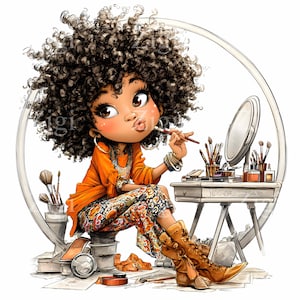 14 JPEG Makeup girl clipart – Afro hair JPG art – Cute beauty salon character for planner stickers, fashion prints, girl room decor