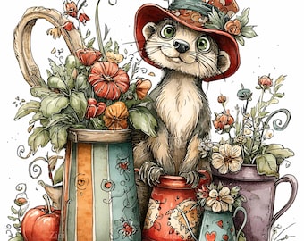 15 PNG Otter Clipart, Animal In Hat Garden Flower Watering Can Art