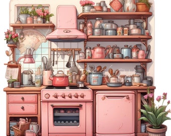 25 PNG Cucina Vintage Rosa, Clipart Stufa Retro, Coquette Home