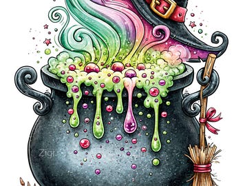 15 PNG Witch Cauldron Clipart, Magic Potion Broom Hat Sublimation