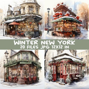 20 clipart JPEG de inverno em Nova York – 20 cenas de cidades em JPG – Impressões de vitrines nevadas para decoração de feriados, diário ou design de cartões sazonais