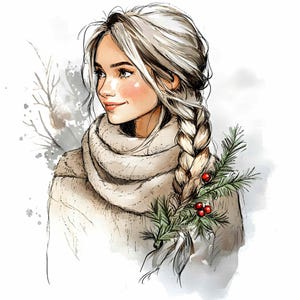 28 JPEG Zimowa dziewczyna Clipart z warkoczem, gałęziami sosny i czerwonymi jagodami, sezonowa ilustracja portretowa, świąteczna moda JPG Pobierz