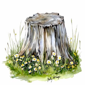 14 imágenes PNG de tocones de árboles en acuarela, troncos de madera rústicos con margaritas y hierba, elementos de bosque natural para diseño de sublimación de primavera.