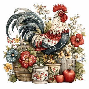 May include: A watercolour illustration of a rooster with a red comb and wattle, surrounded by flowers, barrels, and apples. The rooster features a patterned design in red, white, and blue. The image has a rustic feel.