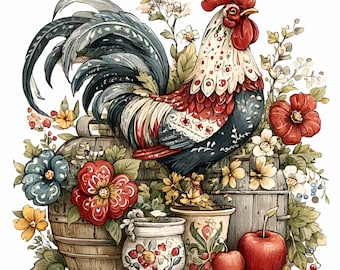 15 PNG Farm Rooster Clipart – Rustic Chicken PNG – Floral Country Illustration with Apples and Flowers for Kitchen Wall Art & Crafts