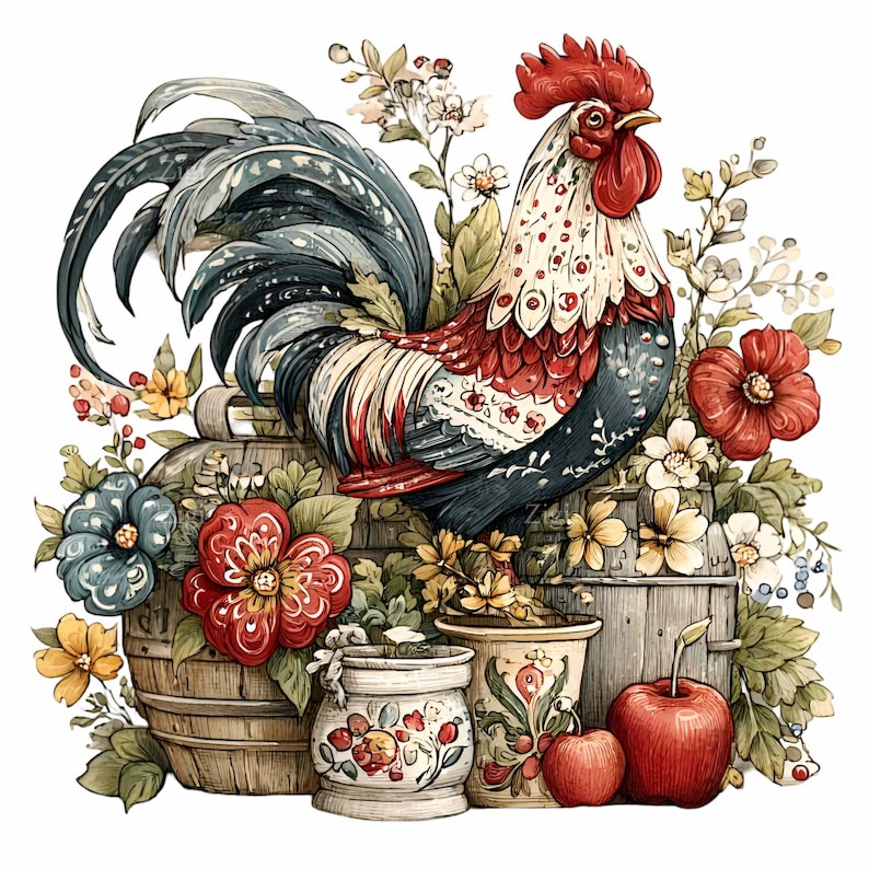 Rustic Chicken Vector 15 PNG Farm Rooster Clipart – Rustic Chicken PNG – Floral Country ...