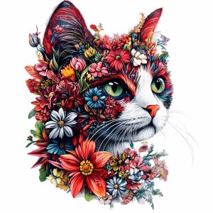 12 cliparts PNG chat floral, fleurs sauvages colorées visage de chat art numérique, clipart félin botanique vibrant, conception par sublimation
