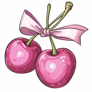 25 個のピンクのチェリー PNG クリップアート - リボンと水滴が付いた光沢のある甘いチェリー - かわいいフルーツのデジタル ダウンロード