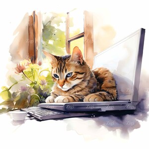 27 JPEG Relaxed Cat JPG Illustration - Bengal Cat Resting on Laptop with Garden View - Whimsical Watercolor Artwork