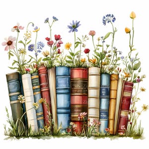 36 livres JPEG et fleurs sauvages Clipart JPEG, dos de livres vintage avec fleurs des prés en fleurs, impression d'Art lecture botanique