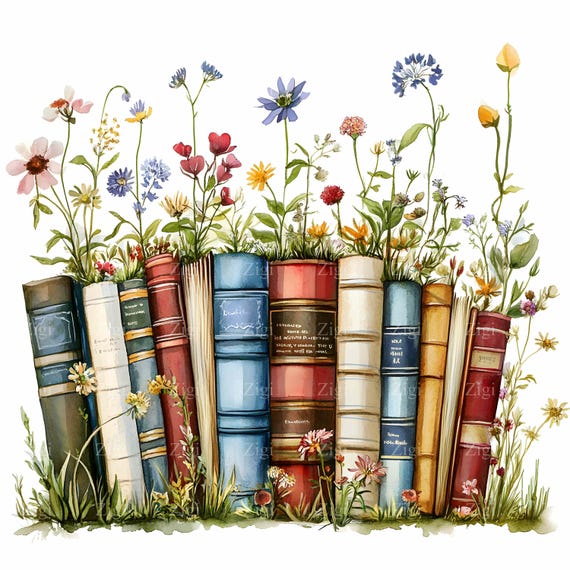 36 JPEG Books and Wildflowers Clipart JPEG, Vintage Book Spines With Blooming Meadow Flowers, Botanical Reading Art Print - Etsy