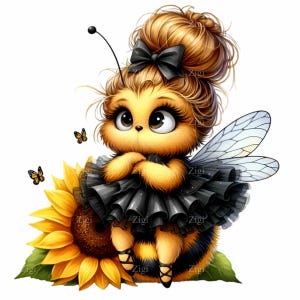 10 PNG Cute Bee Clipart – Adorable Sunflower Fairy Art – Bumblebee Character in Black Tutu for Nursery Decor, Stickers, Sublimation & Crafts