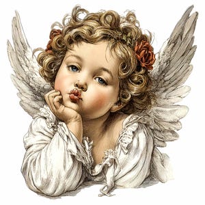 Könnte beinhalten: Vintage Illustration eines cherubischen Engels mit lockigem blondem Haar, blauen Augen und rosigen Wangen. Der Engel trägt ein weißes Gewand und hat gefiederte Flügel. Eine rote Rose schmückt das Haar des Engels. Der Engel stützt sein Kinn auf seine Hand, mit einem Schmollmund.