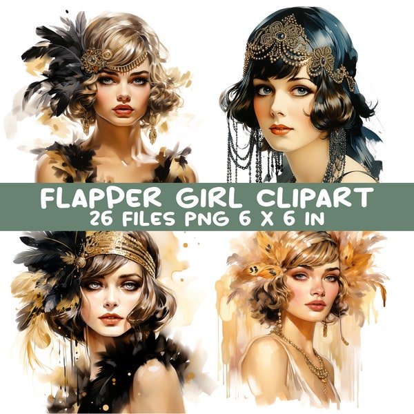 Flapper Girl Clipart Bundle, 26 PNG Watercolor 1920's Lady Journal Cards Digital Images