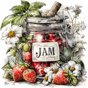 Może przedstawiać: Ilustracja słoika dżemu truskawkowego, z etykietą "JAM", otoczonego truskawkami, białymi kwiatami i zielonymi liśćmi. W słoiku znajduje się drewniany ubijak. Obraz ma styl vintage, ręcznie rysowany.