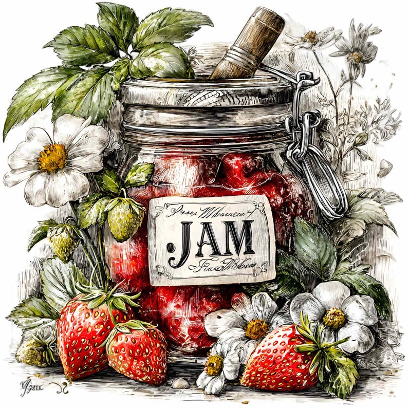 Może przedstawiać: Ilustracja słoika dżemu truskawkowego, z etykietą "JAM", otoczonego truskawkami, białymi kwiatami i zielonymi liśćmi. W słoiku znajduje się drewniany ubijak. Obraz ma styl vintage, ręcznie rysowany.