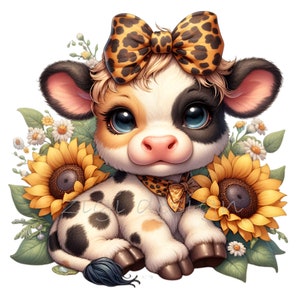 Clipart de vaca, clipart de lazo de leopardo, 10 girasoles PNG con estampado animal de piel de guepardo, camiseta escolar para maestros y niños, taza de sublimación, vaso, agenda