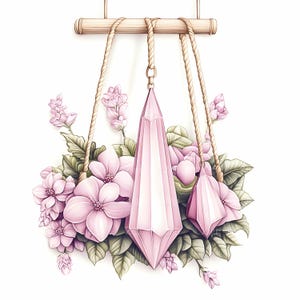 28 JPEG roze kristallen clipart JPG, hangende edelstenen met bloemen en touw op houten balk, zachte pastel bloemsierkunst afdrukbaar