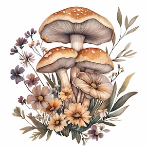12 imágenes prediseñadas de flores de hongos en formato JPEG - Arte botánico con acuarela digital - Ilustración rústica de naturaleza JPEG