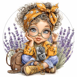 15 ilustraciones JPEG de campos de lavanda: niña con cámara. Ilustración de viajera caprichosa para impresiones de guarderías o proyectos de álbumes de recortes.