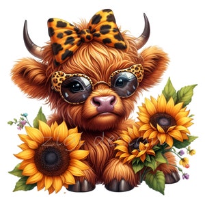 15 Highland Cow Clipart PNG – Mucca carina con fiocco leopardato e occhiali da sole che tiene girasoli, download di animali da fattoria digitali