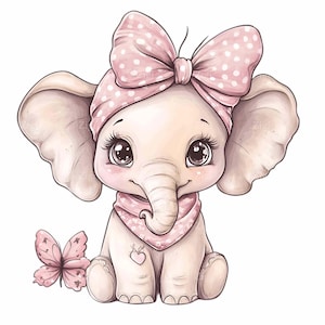 16 imágenes prediseñadas de elefantes, elefante bebé con pañuelo rosa y mariposa, linda descarga digital para decoración de guardería