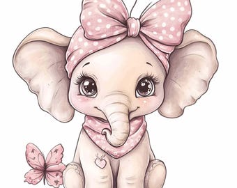 16 Elephant PNG Clipart, Baby Elephant with Pink Bandana and Butterfly, Cute Digital Download for Nursery Decor
