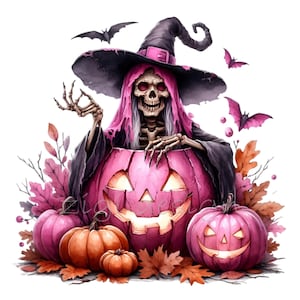 12 Halloween Skeleton Witch PNG, Clipart di zucca rosa Jack-o'-Lantern con pipistrelli e foglie autunnali, arte autunnale spettrale