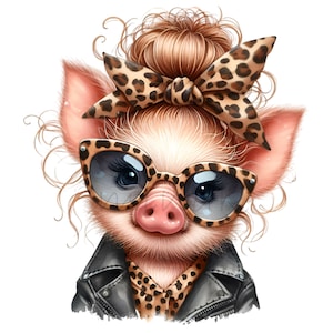 Cerdito elegante PNG - 12 adorables cerditos con lazo y gafas de sol con estampado de leopardo - Perfecto para proyectos de manualidades divertidos