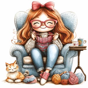 24 JPEG Cute Knitting Girl Clipart, Yarn Craft Scene JPEG, Happy Crafter Illustration, Cat and Yarn Art Download, Digital Hobby Image