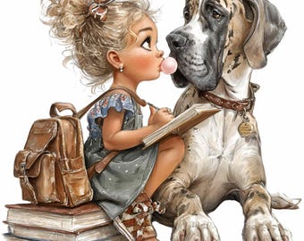 15 PNG Dane Dog Clipart, Girl Reading Back To School