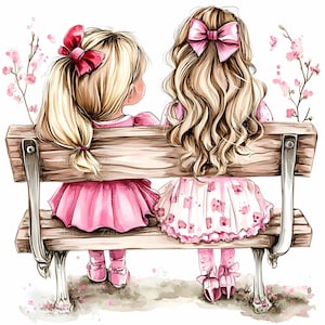 Op de afbeelding: Twee meisjes met lang blond haar zitten op een houten bank. Ze dragen roze jurken en hebben roze strikken in hun haar. De bank is bruin geverfd en heeft metalen poten. De achtergrond is wit.