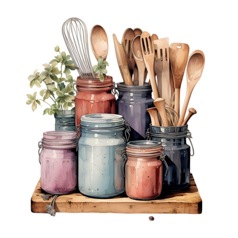 15 PNG Rustic Kitchen Cooking Utensils Clipart, Pantry Jars Art Graphic ...