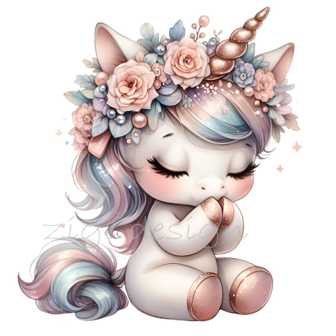 12 PNG Floral Baby Unicorn, Rose Gold Watercolor Clipart, Fantasy ...