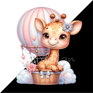 May include: A cute cartoon giraffe wearing a blue flower sits in a wicker basket attached to a hot air balloon. The balloon is pink and white with a heart-shaped design. The giraffe is holding onto the basket with its front paws.