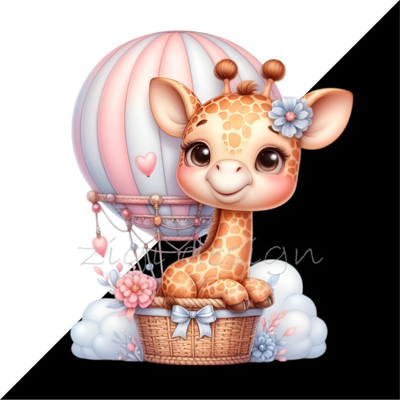 May include: A cute cartoon giraffe wearing a blue flower sits in a wicker basket attached to a hot air balloon. The balloon is pink and white with a heart-shaped design. The giraffe is holding onto the basket with its front paws.