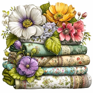 Puede incluir: Una pila de rollos de tela con estampados florales, coronada por un ramo de flores coloridas. Las flores son blancas, amarillas, rosas y moradas, con hojas verdes. Los rollos de tela presentan diversos diseños florales en tonos verdes, azules y beige.