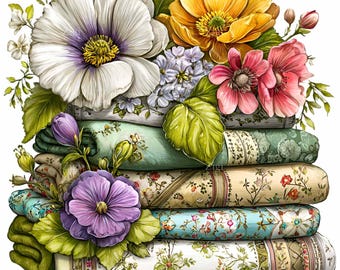 10 PNG Floral fabric clipart - PNG stack of textiles with flowers for crafters, sewing projects, scrapbooking, sublimation and printable art