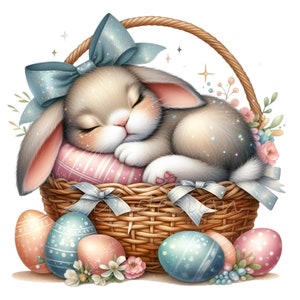10 Schlafendes Häschen PNG im Osterkorb PNG Clipart, Frühlingskaninchen Illustration, niedliche digitale Osterkunst zum Basteln