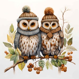 24 JPEG Deux hiboux d'automne dans des bonnets et des écharpes tricotés sur une branche, Clipart d'oiseau de forêt d'automne, JPG de faune pour les travaux manuels saisonniers et la décoration