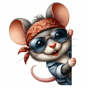 15 imágenes PNG de ratones geniales: un lindo ratón asomado con gafas de sol, pañuelo y chaqueta vaquera. Arte de dibujos animados de ratones divertidos.