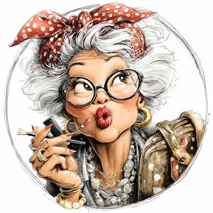 15 PNG Funny granny clipart – Lipstick grandma PNG – quirky retro senior woman art for humor prints, cards, mugs and crafts