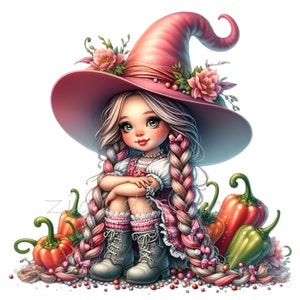 10 Herbst Hexe Mädchen Clipart PNG - Niedliche Herbst Hexe mit Zöpfen, Kürbissen, Paprika und rosa Hut - Ernte Digital Art